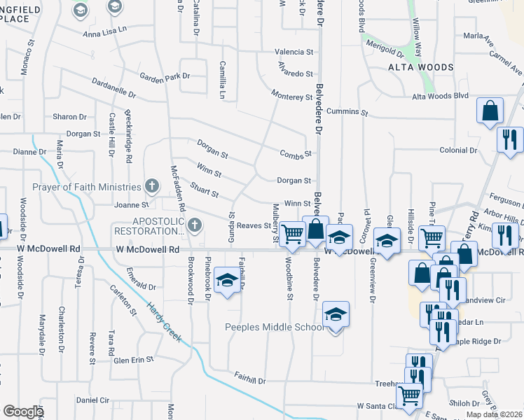 map of restaurants, bars, coffee shops, grocery stores, and more near 838 Winn Street in Jackson