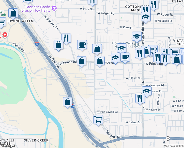 map of restaurants, bars, coffee shops, grocery stores, and more near 3445 North Romero Road in Tucson