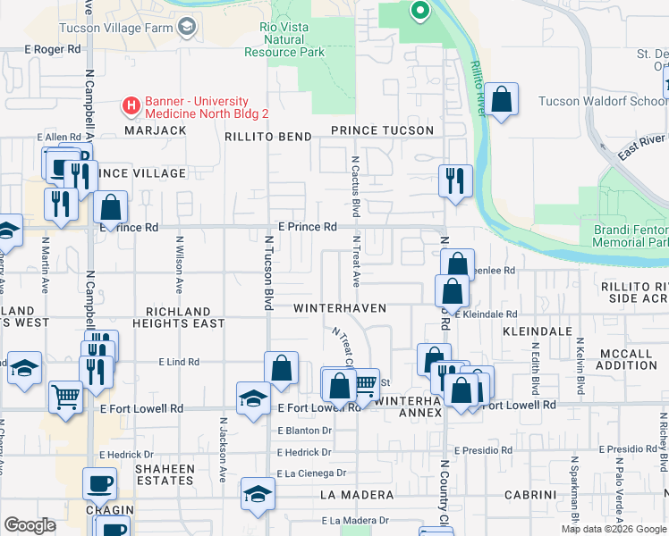 map of restaurants, bars, coffee shops, grocery stores, and more near 2602 East Windsor Street in Tucson