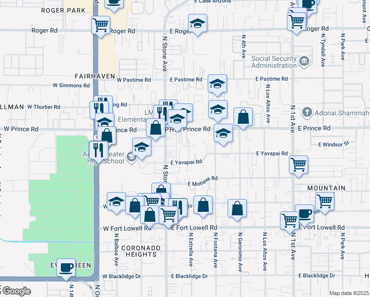 map of restaurants, bars, coffee shops, grocery stores, and more near 3550 North Estrella Avenue in Tucson
