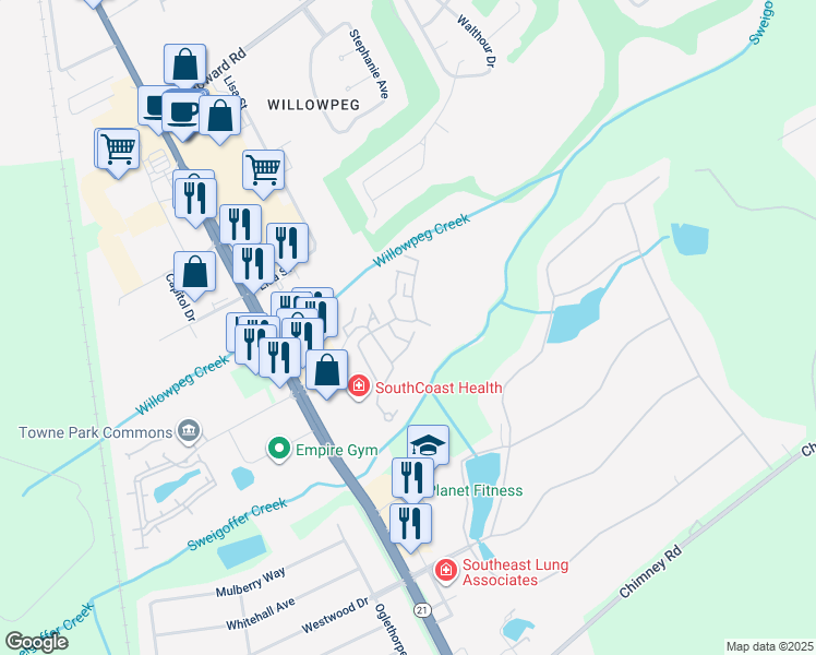map of restaurants, bars, coffee shops, grocery stores, and more near 1057 Wadley Circle in Rincon