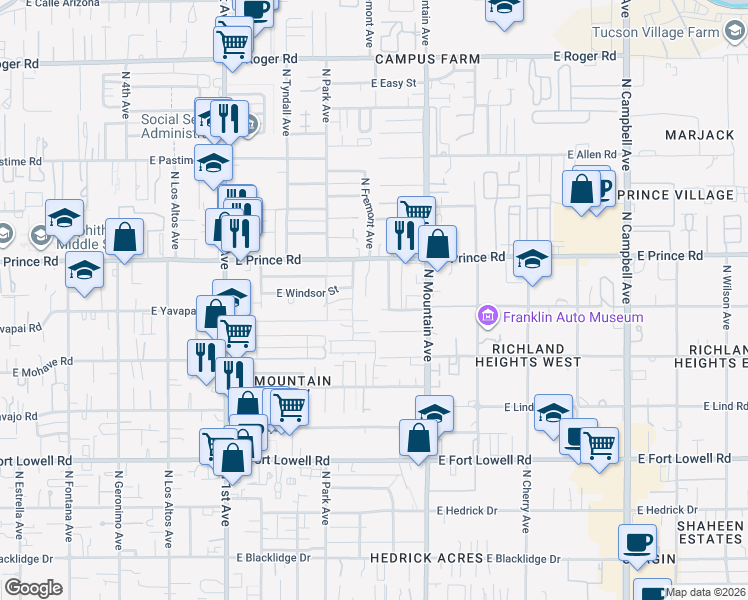 map of restaurants, bars, coffee shops, grocery stores, and more near 3525 North Olive Road in Tucson