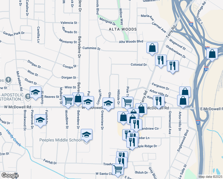 map of restaurants, bars, coffee shops, grocery stores, and more near 2664 Glenn Street in Jackson