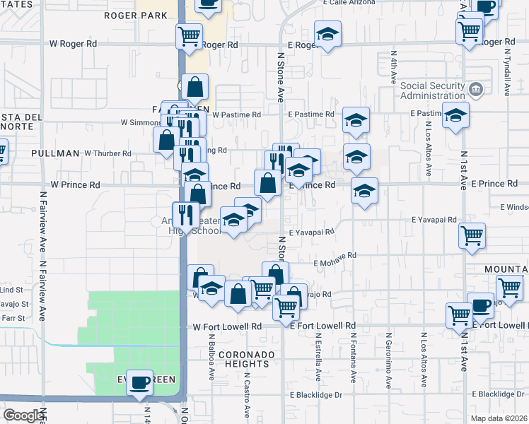 map of restaurants, bars, coffee shops, grocery stores, and more near 97 West Windsor Street in Tucson