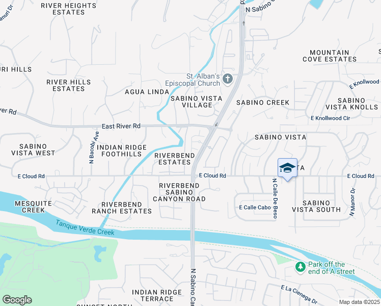 map of restaurants, bars, coffee shops, grocery stores, and more near 3500 North Sabino Canyon Road in Tucson