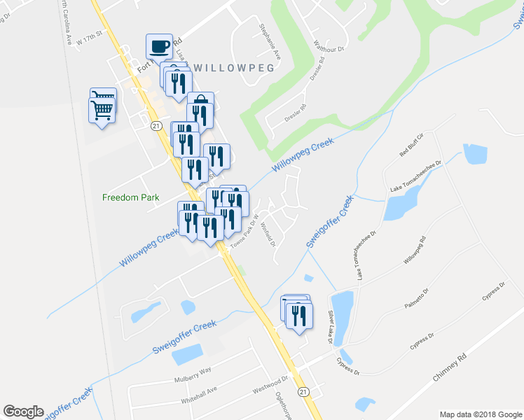 map of restaurants, bars, coffee shops, grocery stores, and more near 112 Town Park Drive in Rincon