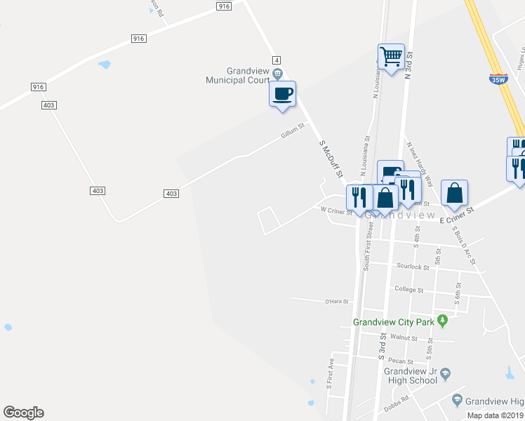 map of restaurants, bars, coffee shops, grocery stores, and more near 500 West Criner Street in Grandview