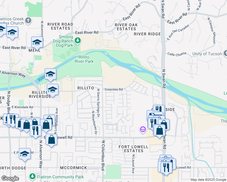 map of restaurants, bars, coffee shops, grocery stores, and more near 4367 East Samantha Drive in Tucson