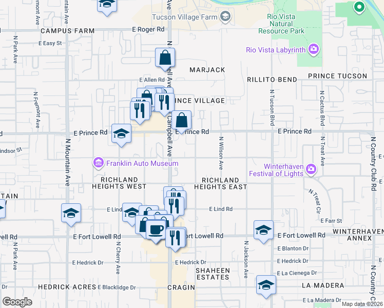 map of restaurants, bars, coffee shops, grocery stores, and more near 3514 North Olsen Avenue in Tucson