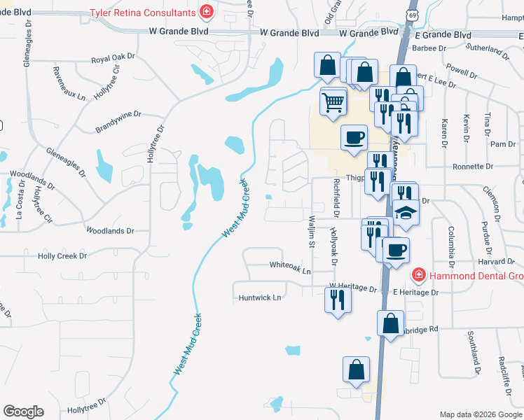 map of restaurants, bars, coffee shops, grocery stores, and more near 516 Preston Ridge Drive in Tyler