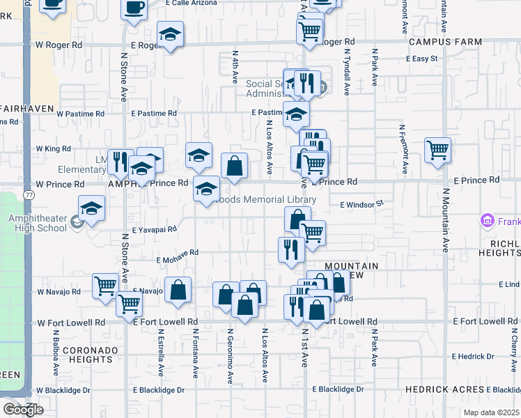 map of restaurants, bars, coffee shops, grocery stores, and more near 3519 North Los Altos Avenue in Tucson