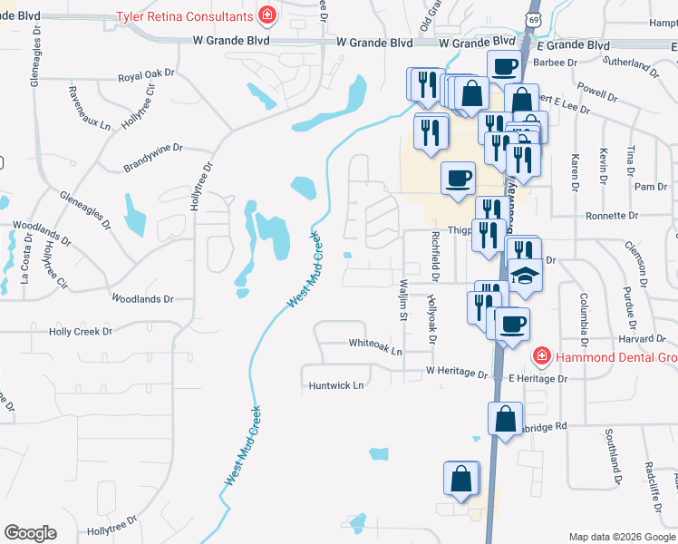 map of restaurants, bars, coffee shops, grocery stores, and more near 516 Preston Ridge Drive in Tyler