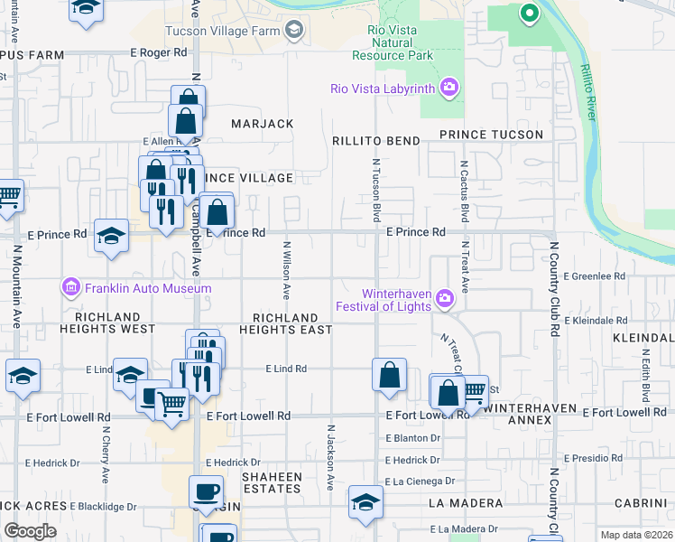 map of restaurants, bars, coffee shops, grocery stores, and more near 3518 North Jackson Avenue in Tucson
