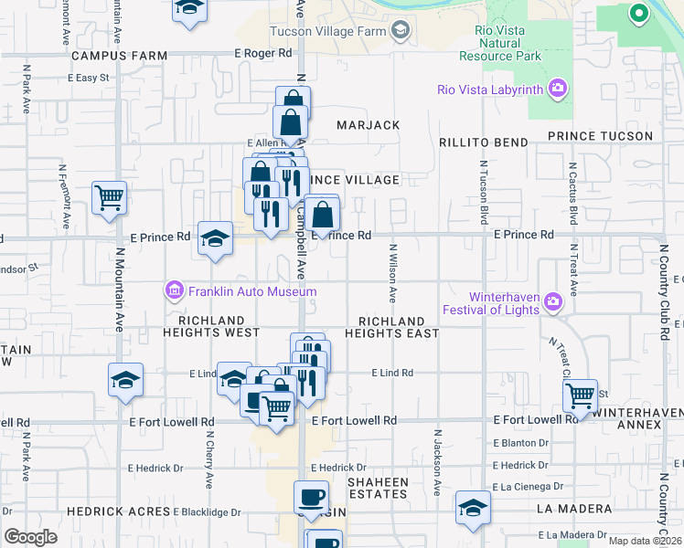 map of restaurants, bars, coffee shops, grocery stores, and more near 3514 North Olsen Avenue in Tucson