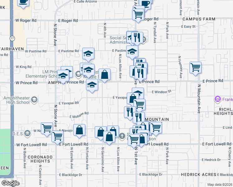 map of restaurants, bars, coffee shops, grocery stores, and more near 3519 North Los Altos Avenue in Tucson