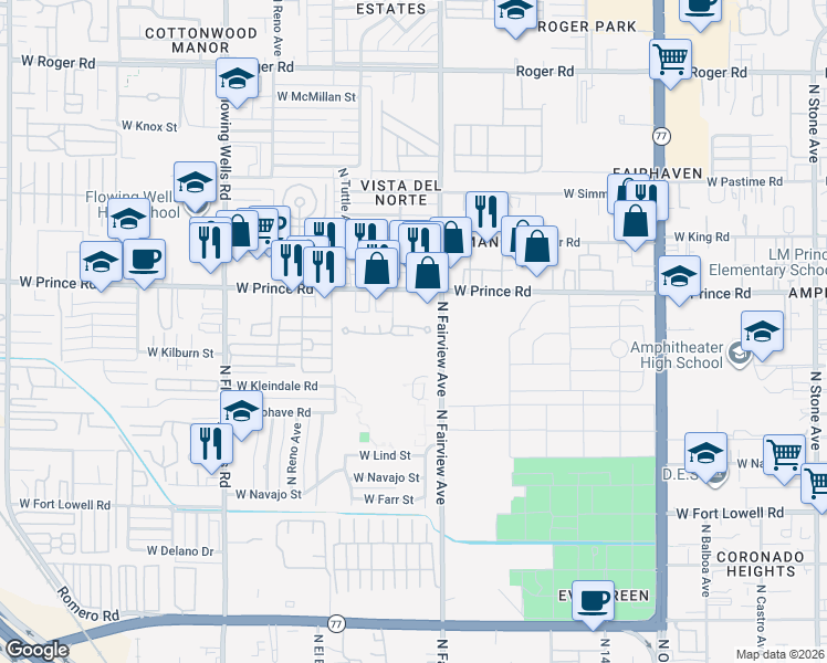 map of restaurants, bars, coffee shops, grocery stores, and more near 975 West Prince Road in Tucson