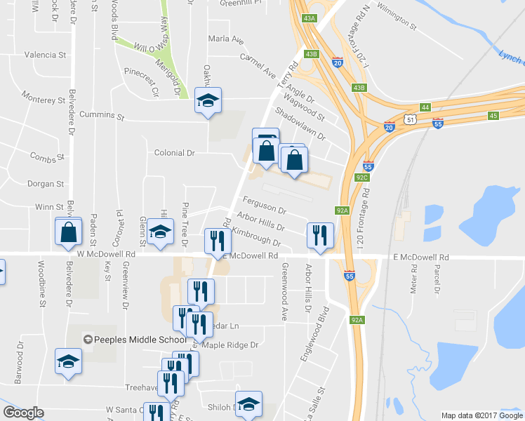 map of restaurants, bars, coffee shops, grocery stores, and more near 155 Ferguson Drive in Jackson