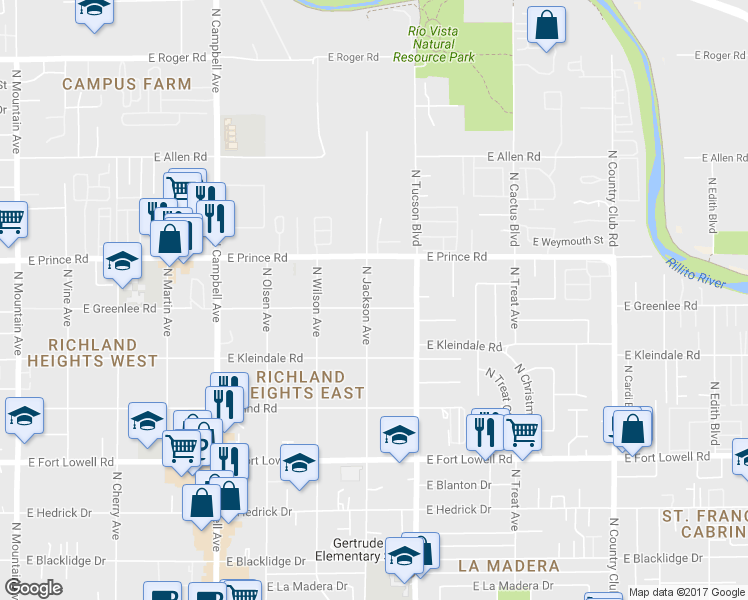 map of restaurants, bars, coffee shops, grocery stores, and more near 3518 North Jackson Avenue in Tucson