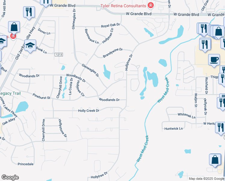 map of restaurants, bars, coffee shops, grocery stores, and more near 7208 Pinetree Place in Tyler