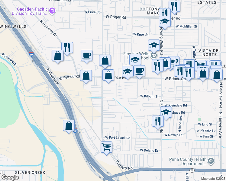 map of restaurants, bars, coffee shops, grocery stores, and more near 1681 West Prince Road in Tucson