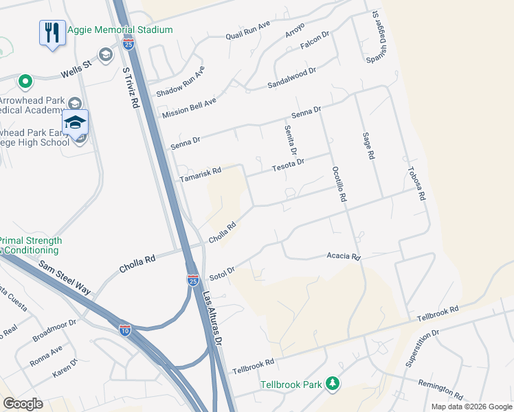 map of restaurants, bars, coffee shops, grocery stores, and more near 4105 Cholla Road in Las Cruces