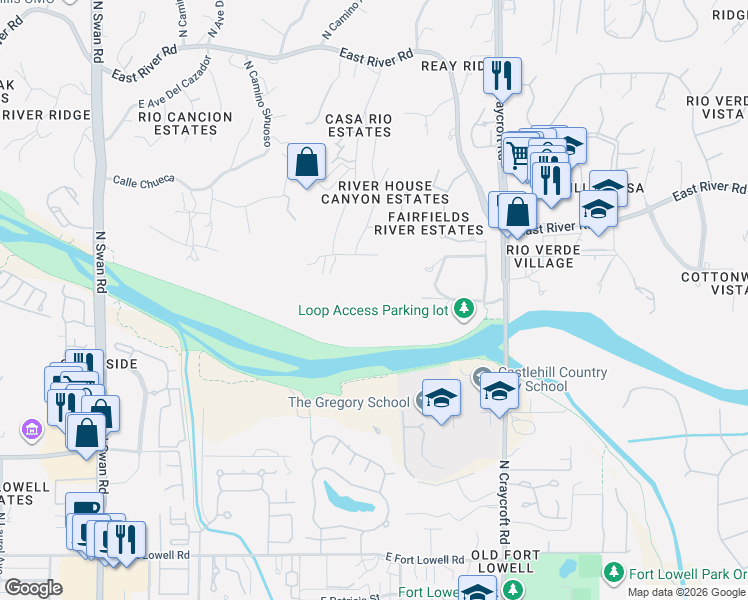 map of restaurants, bars, coffee shops, grocery stores, and more near 5240 East River House Road in Tucson