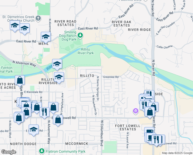 map of restaurants, bars, coffee shops, grocery stores, and more near 4241 East Boulder Springs Way in Tucson