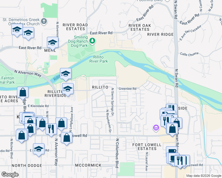 map of restaurants, bars, coffee shops, grocery stores, and more near 4241 East Boulder Springs Way in Tucson