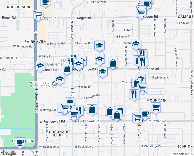 map of restaurants, bars, coffee shops, grocery stores, and more near 3533 North Fontana Avenue in Tucson