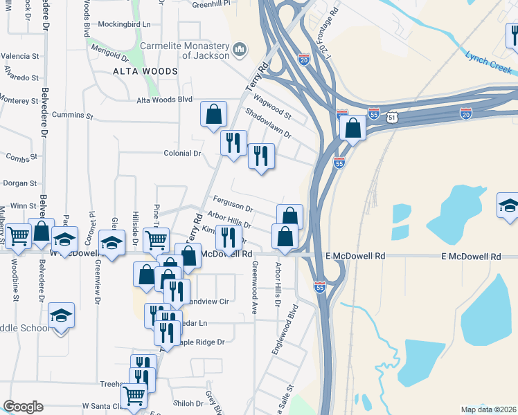 map of restaurants, bars, coffee shops, grocery stores, and more near 178 Ferguson Drive in Jackson