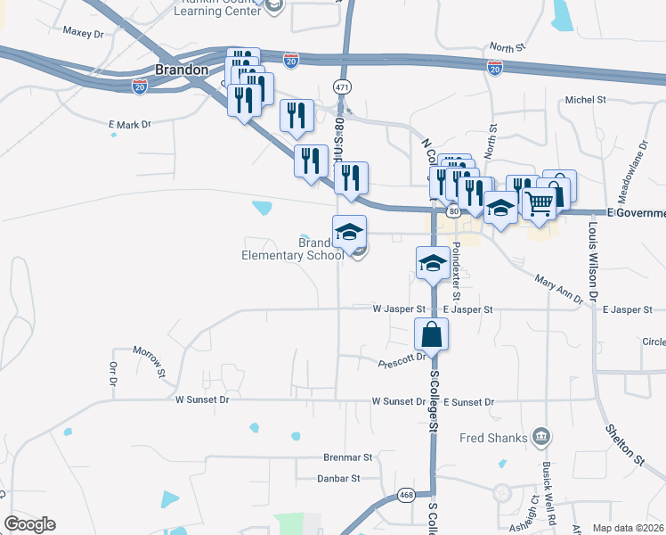 map of restaurants, bars, coffee shops, grocery stores, and more near 124 Overby Street in Brandon