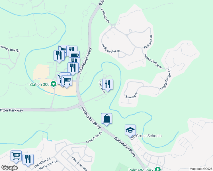 map of restaurants, bars, coffee shops, grocery stores, and more near 303 East Avenue in Bluffton