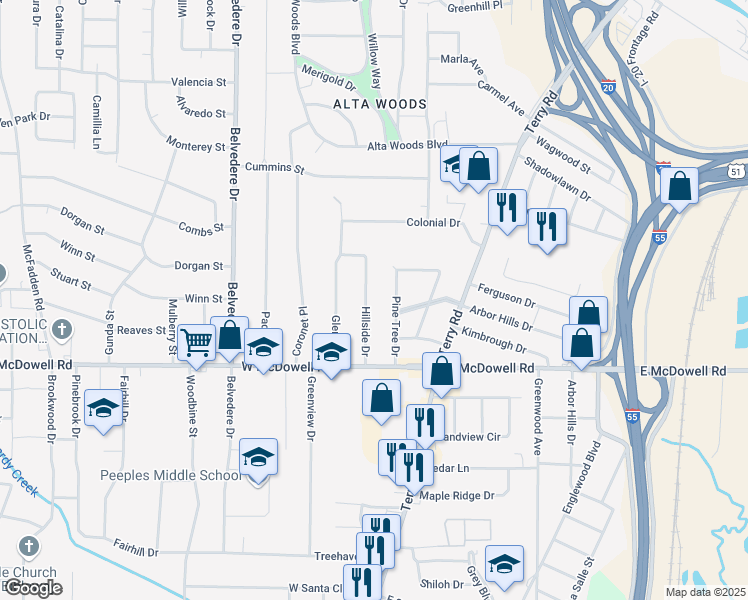 map of restaurants, bars, coffee shops, grocery stores, and more near 2662 Hillside Drive in Jackson