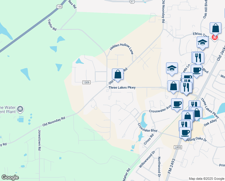 map of restaurants, bars, coffee shops, grocery stores, and more near 2780 Three Lakes Parkway in Tyler