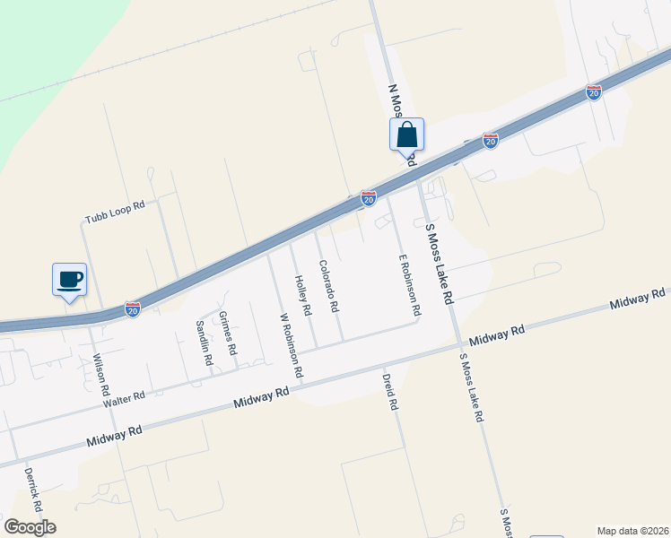 map of restaurants, bars, coffee shops, grocery stores, and more near 6805 North Service Road in Big Spring