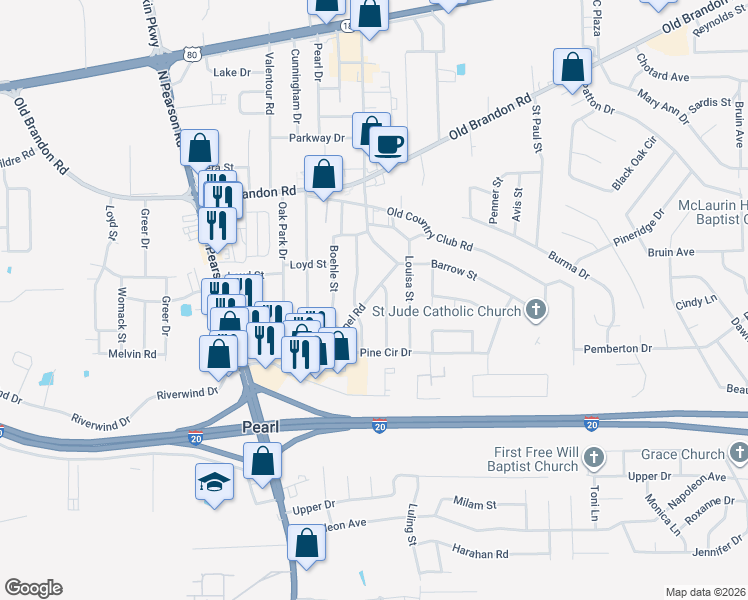 map of restaurants, bars, coffee shops, grocery stores, and more near 325 Lionel Road in Pearl