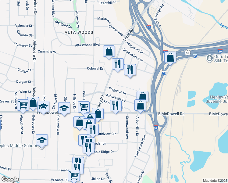 map of restaurants, bars, coffee shops, grocery stores, and more near 135 Ferguson Drive in Jackson