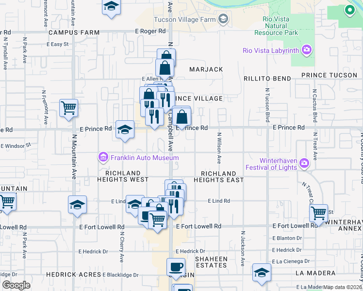 map of restaurants, bars, coffee shops, grocery stores, and more near 1925 East Greenlee Road in Tucson