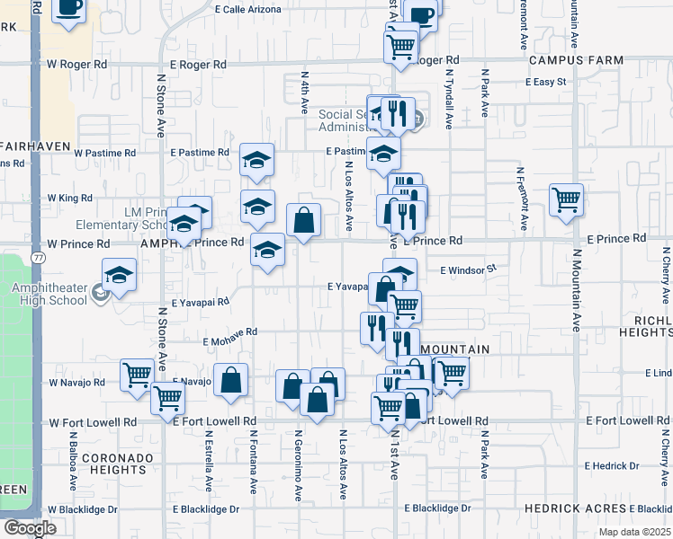 map of restaurants, bars, coffee shops, grocery stores, and more near 3519 North Los Altos Avenue in Tucson