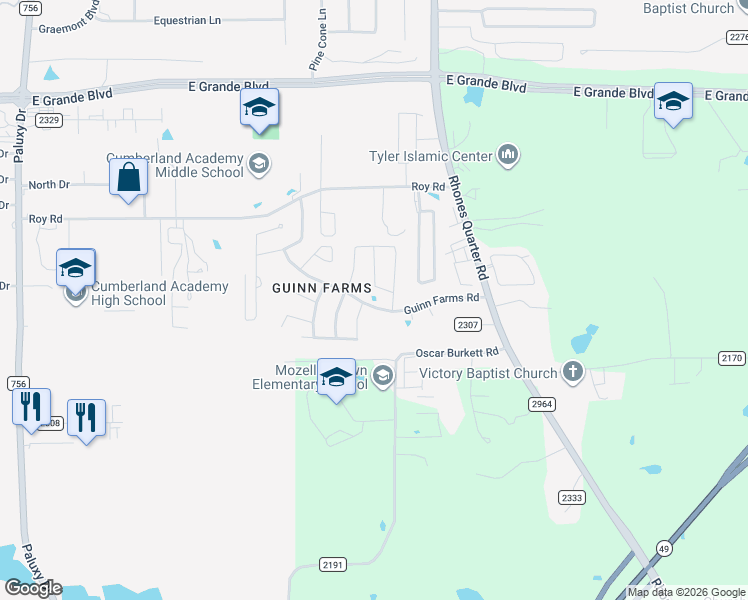 map of restaurants, bars, coffee shops, grocery stores, and more near 2868 Guinn Farms Road in Tyler