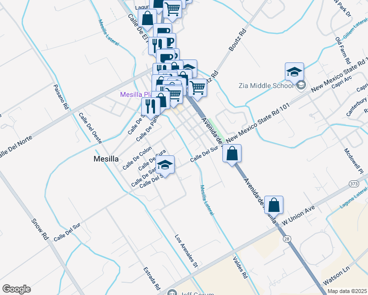 map of restaurants, bars, coffee shops, grocery stores, and more near 2300 Calle De Santa Ana in Mesilla