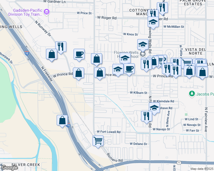 map of restaurants, bars, coffee shops, grocery stores, and more near 1681 West Prince Road in Tucson