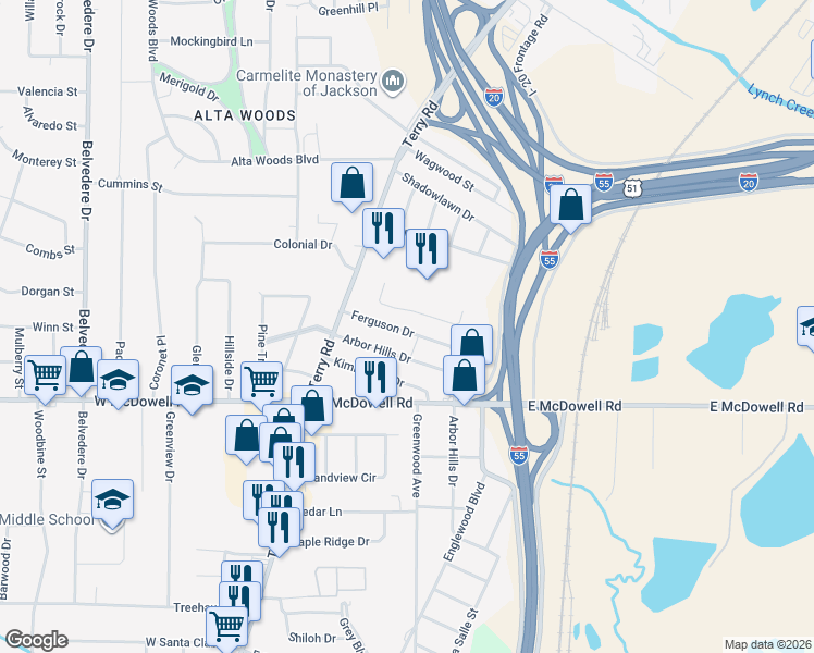map of restaurants, bars, coffee shops, grocery stores, and more near 178 Ferguson Drive in Jackson