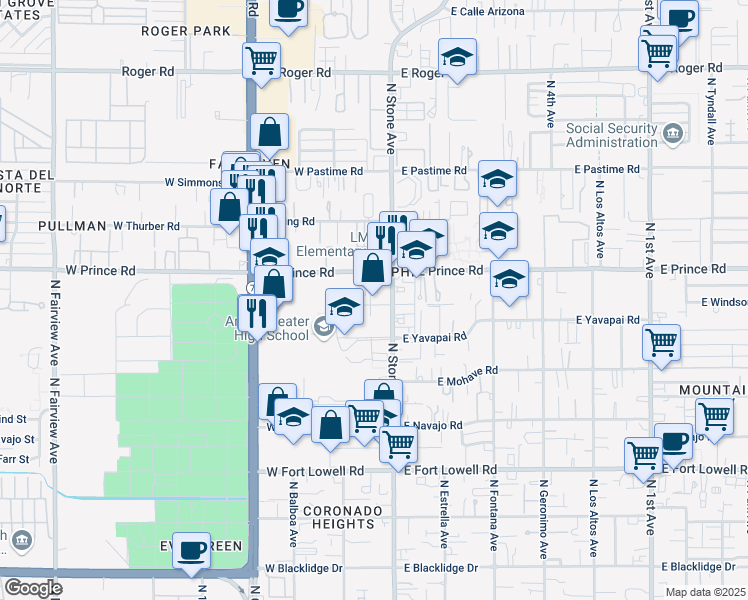 map of restaurants, bars, coffee shops, grocery stores, and more near 70 W Windsor St in Tucson