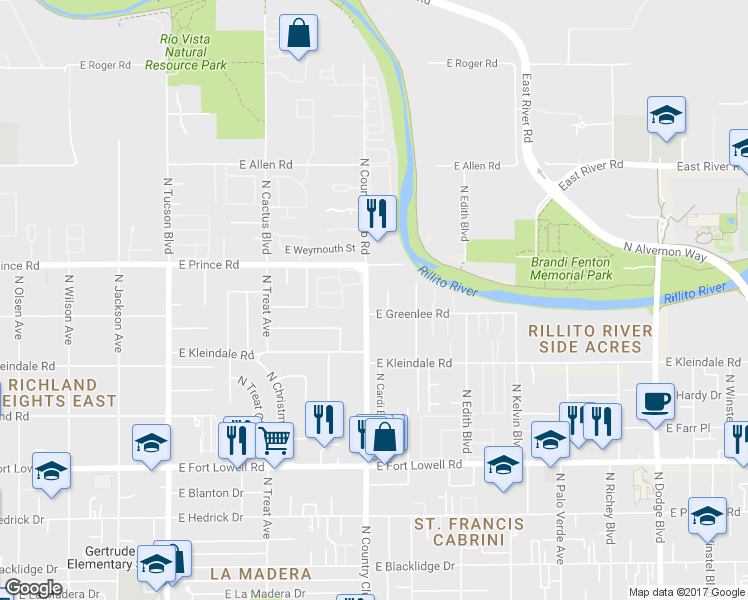 map of restaurants, bars, coffee shops, grocery stores, and more near 3524 N Country Club Rd in Tucson