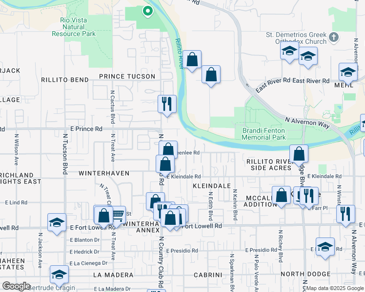 map of restaurants, bars, coffee shops, grocery stores, and more near 3525 North Flanwill Boulevard in Tucson