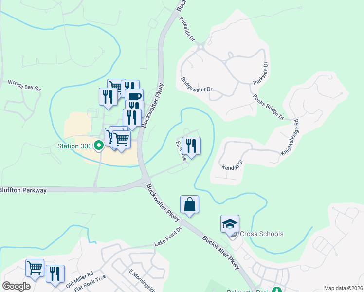 map of restaurants, bars, coffee shops, grocery stores, and more near 303 East Avenue in Bluffton