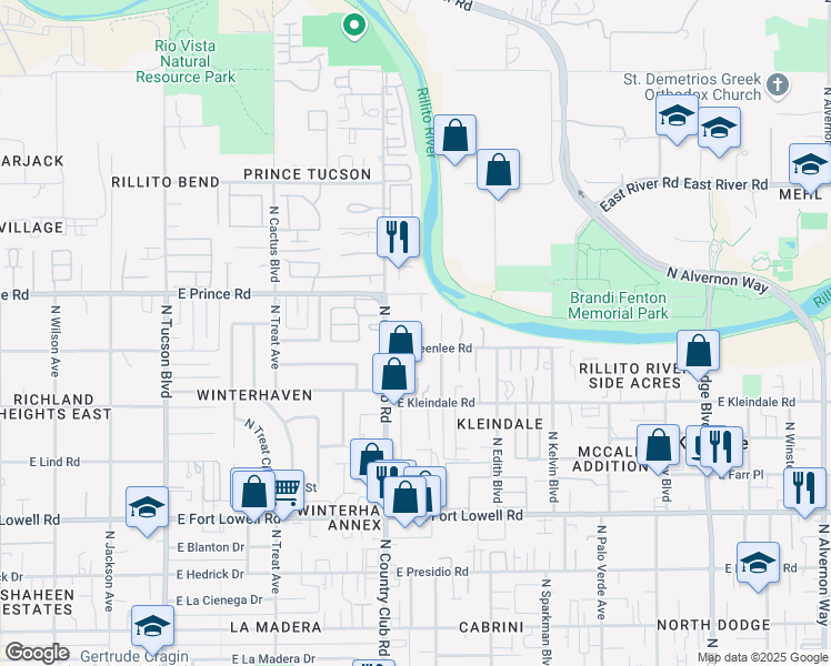 map of restaurants, bars, coffee shops, grocery stores, and more near 3525 North Flanwill Boulevard in Tucson
