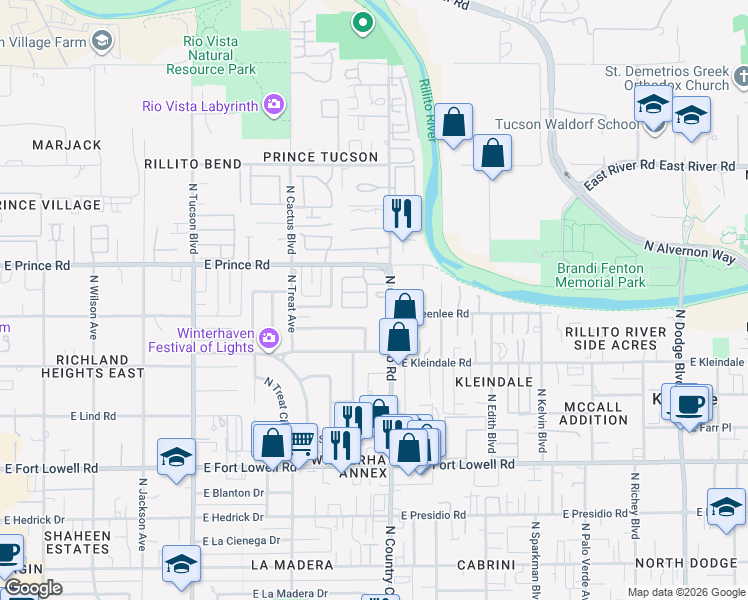 map of restaurants, bars, coffee shops, grocery stores, and more near 2988 East Windsor Street in Tucson