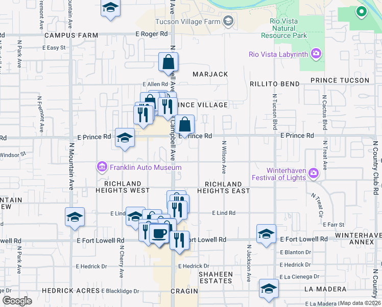 map of restaurants, bars, coffee shops, grocery stores, and more near 1925 East Greenlee Road in Tucson